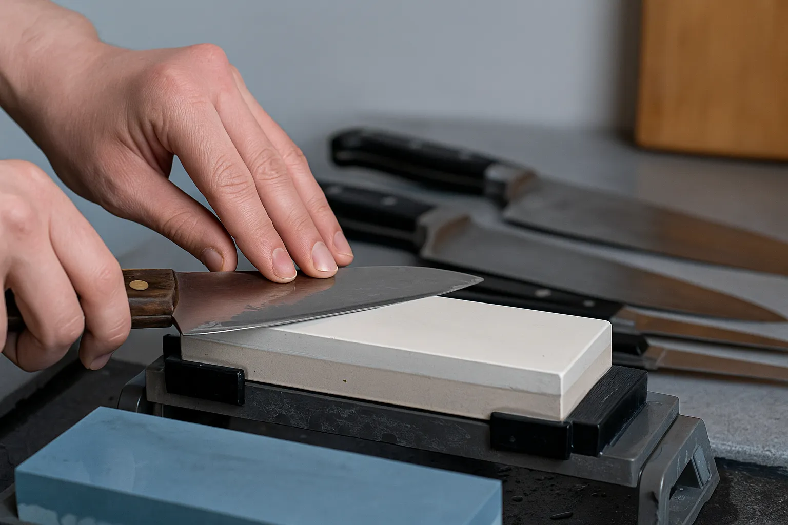 Hands sharpening a chef knife on a whetstone with a sharpening guide