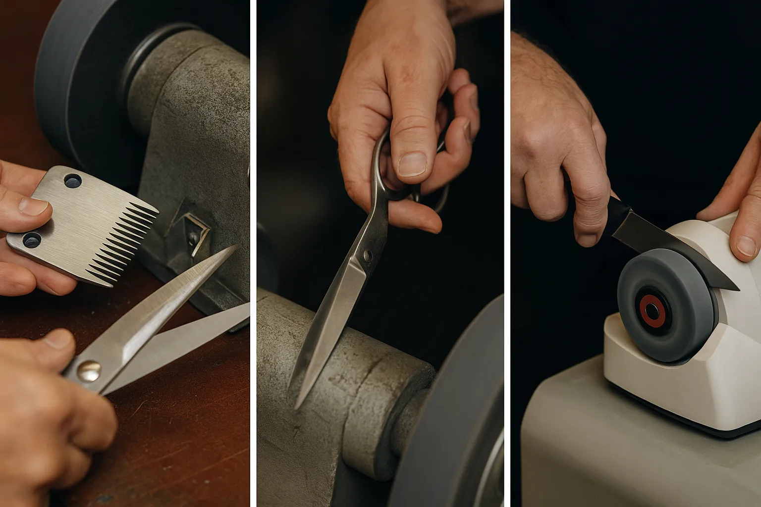 A detachable clipper blade being sharpened on a bench grinder with sparks
