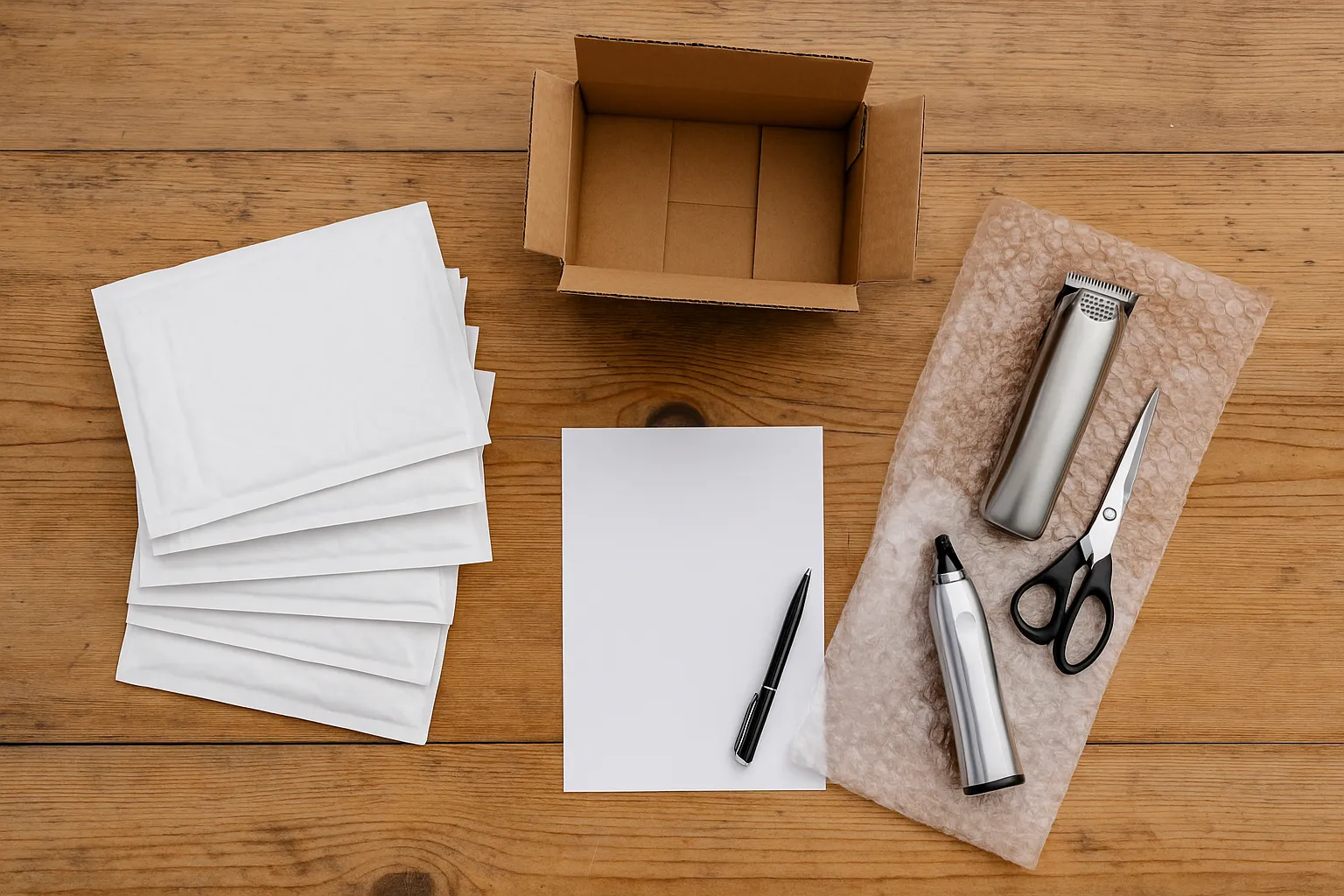 Clipper blades wrapped in cardboard inside a mailer for postal sharpening