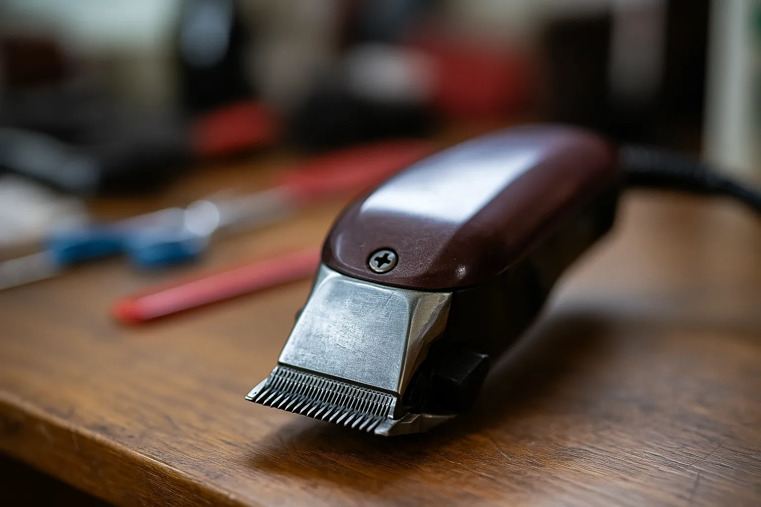 Detachable clipper blades in protective cases on a workshop bench