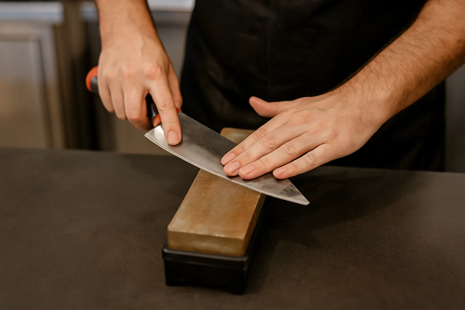 A Japanese gyuto chef knife resting on a walnut cutting board