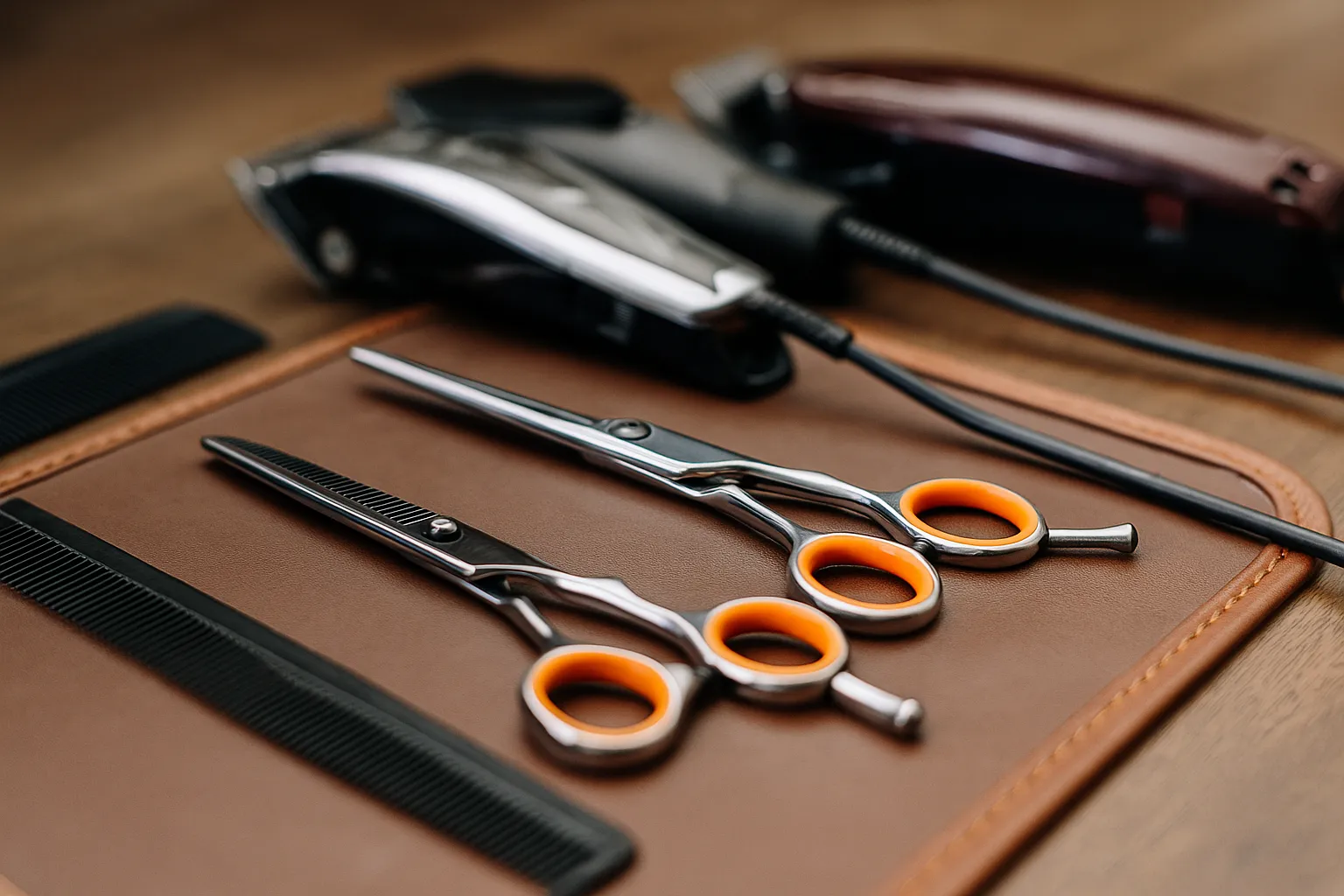 Pet grooming shears on a salon bench with a dog resting in the background